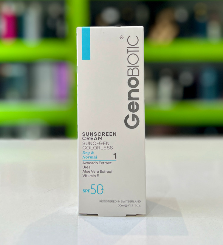 کرم ضدآفتاب بی رنگ ژنوبایوتیک پوست نرمال تاخشک SPF50