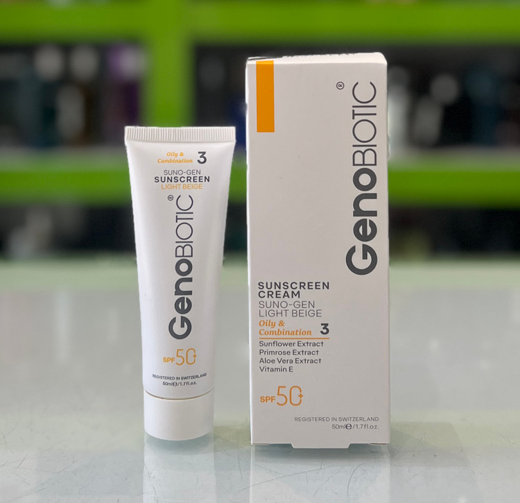 کرم ضدآفتاب رنگی ژنوبایوتیک پوست چرب SPF50 - بژ روشن