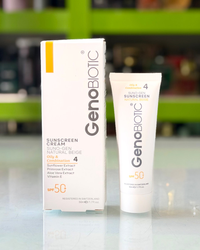کرم ضدآفتاب رنگی ژنوبایوتیک پوست چرب مختلط SPF50 - بژ طبیعی