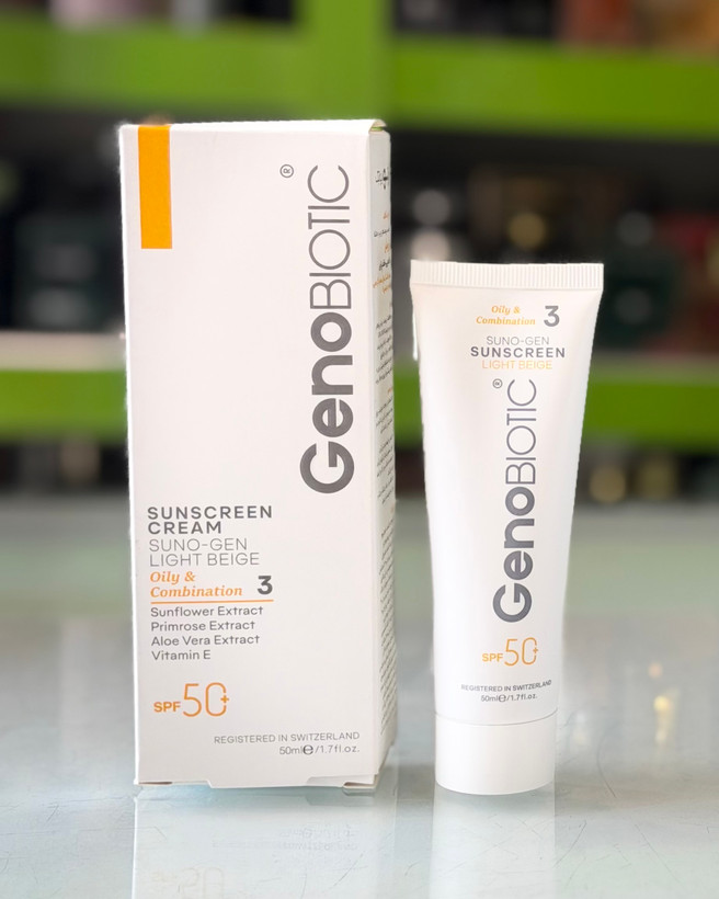 کرم ضدآفتاب رنگی ژنوبایوتیک پوست چرب و مختلط SPF50 - بژ روشن